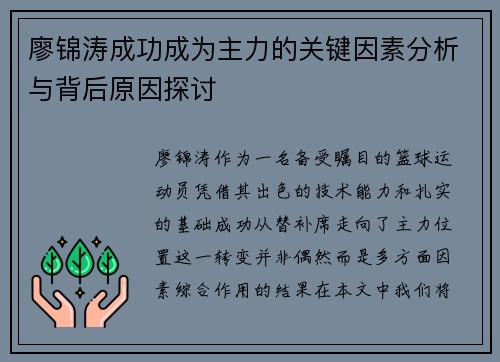 廖锦涛成功成为主力的关键因素分析与背后原因探讨 廖锦涛成功成为主力的关键因素分析与背后原因探讨