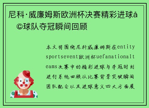 尼科·威廉姆斯欧洲杯决赛精彩进球助球队夺冠瞬间回顾