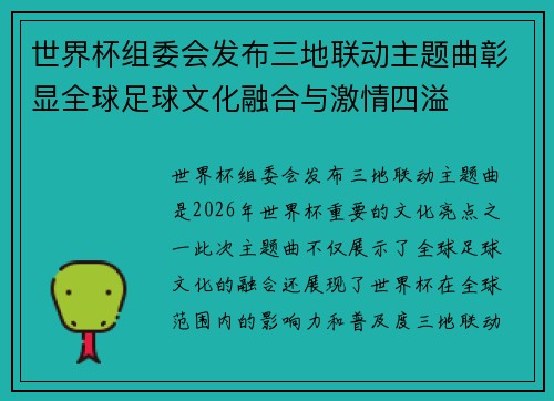 世界杯组委会发布三地联动主题曲彰显全球足球文化融合与激情四溢
