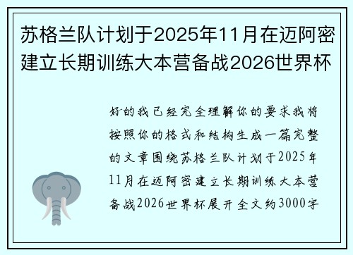 苏格兰队计划于2025年11月在迈阿密建立长期训练大本营备战2026世界杯